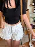 Purpdrank  White Ruffle Edge Denim Shorts Women's Summer Clothes New High Waist Fungus Lace A Word Commuter White Pants