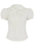 Purpdrank  Sweet Preppy Summer Solid White Short Puff Sleeve Single Breasted Bow Folds Women Shirt
