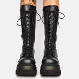 Purpdrank  DoraTasia Black Gothic Fashion Round Toe Side Zipper Lace Up Women's Mid Calf Boots New INS Christmas Street Party Shoes Woman