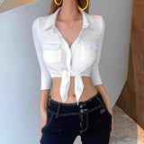 Purpdrank  Summer and Autumn Women's College Style Sweet Lapel Single-breasted Cardigan Slim-fit Shirt Women