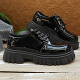 Purpdrank  Black Patent Leather Platform Loafers Women 2025 Autumn Thick Bottom Pu Leather Shoes Woman Plus Size Lace Up Student Shoes 42