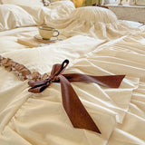 Purpdrank  100% Cotton Korean Princess Style Three-layer Ruffles Bow Bedding Set Duvet Cover Bed Skirt Bedspread Pillowcases Wedding Gifts