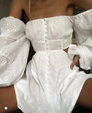 Purpdrank  Sexy Backless Hollow Out Lace Dress Women Robe Vintage Floral Embroidery Long Sleeve Cotton Mini Dresses Summer Vestidos