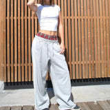 Purpdrank  Gray Vintage Striped Embroidery Women Sweatpants Double Waist American Style Straight Sports Pants Baggy Casual Hip Hop