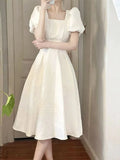 Purpdrank  Vintage Dress Women Summer Square Collar Puff Sleeve High Waist A-line Dress Korean Fashion Preppy Style Skirt Vestidos De Mujer