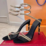 Purpdrank  Glitter Crystal Decor High Thin Heels Sandals Women Shiny Snake Shaped Elastic Strap Design Sandalias Summer Party Dress Shoes