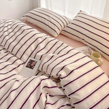 Purpdrank  Simple Red and Blue Striped Quilt Cover Bed Sheet Four-piece Set Washed Cotton Bedding College Dormitory Three-piece Set