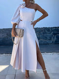 Purpdrank  Women Summer Skew Collar Loungewear Dress, Hollow Out Fashion Solid Elegant Maxi Dress, One Off Shoulder Patchwork Ladies Dress