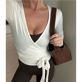 Purpdrank  Women Ballet Wrap Tops Bow Tie Front Long Sleeve Wrap V Neck Workout Shirts Slim Fit Pilates Wrap T-shirts Tees