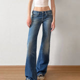 Purpdrank  Elegant Commuter Casual Style Low Waist Slim-Fit Jeans Simple Retro Straight Leg Pants for Women All-Match Basic Autumn