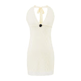 Purpdrank  Sexy Black Hollow Out Hole Lace Bow Halter V Collar Backless Mini Dress Women Big Backless Package Hips Short Dresses Robe