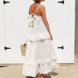 Purpdrank  Beach Dresses y2k Women Solid Color Spaghetti Strap Sleeveless Swing Tiered Ruffled Long Dress Vacation Party Dresses