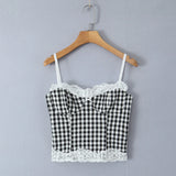 Purpdrank  Sexy Black White Plaid Spliced Lace With Wire Chest Corset Camis Women Side Zipper Crop Top Camisoles Bra Tank Vest