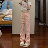 Purpdrank  Sweet Cool Hot Girl Pink Straight Jeans Women High Street High Waist Slim Cigarette Pipe Wide Leg Trousers Pants