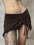 Purpdrank   Brown Mini Skirts Woman Skirts Lace Up Ruffle Fashion Summer A-Line Low Waist Asymmetrical Adjustable Mini Skirts