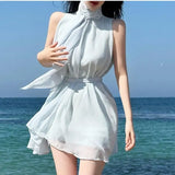 Purpdrank  Summer Bohemian Chiffon Women's Long T-shirts Sashes 2025 New Sleeveless Casual Loose Shirts Halter Slim Tops Female
