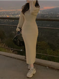 Purpdrank Autumn Winter Vintage Korean Long Sleeve Knitted Sweater Dresses Woman Zipper Lapel Elegant Warm Midi Bodycon Dresses Robe