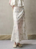 Purpdrank  French Chic Embroidery Maxi Skirt Beige Casual Summer Women Long Skirts Sheer Hollow Out Ruffles Ladies Skirt Falda