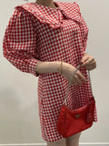Purpdrank  Chic Spring Sweet Young Looking Wood ain  Doll Collar Loose Bubble Sve Plaid Dr Women's Faion Casual Skirts