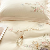 Purpdrank  Beige/Pink Flowers Butterfly Embroidery 100% Cotton Bedding Set Duvet Cover Set Bed Sheet/Fitted Sheet Pillowcases 4Pcs Bed Sets