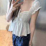 Purpdrank  Sweet White Hollow Out Embroidery Hole Bow V neck Wood ears Sleeve Tank Top Women Summer Elastic Back Swing Hem Vest Crop Top