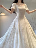 Purpdrank  Spring and Summer Temperament French New Style Waist Pleated Solid Color Casual and Elegant Versatile Dress