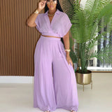 Purpdrank  Elegant Fashion Vacation Casual Outfits Women Two Piece Set Turn-down Collar Crop Top and Wide Leg Pants Matching Sets Birthday
