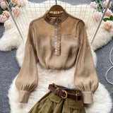 Purpdrank - Autumn Winter Women Two Piece Sets Stand Collar Puff Sleeve Ruffled Tops and Empire Slim Skirt with Belt Office Lady Suits