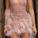Purpdrank  Plus Size European American Women's Clothing Mini Dress Sexy Deep V Neck Feather Tank Dress Party For Nightclub