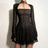 Purpdrank  Elegant Fashion Sexy Lace A-Line Dress See Through Dark Bandage Backless Square Collar Long Sleeve Mini Dresses For Women