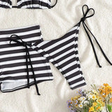Purpdrank  New Shorts Three-Piece Black White Striped Bikini Set Women Summer Swimming Wading Sports Sexy Backless Lace Up Style Swimwear