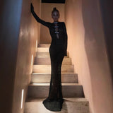 Purpdrank  Luxury Button Hollow Split Maxi Dress Beach Cover-ups Boho Dresses Sexy Floor-length Backless Fishtail Evening Dress Black White