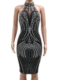 Purpdrank  Sexy see through rhinestone black summer dress women clothing backless club birthday party dress vestidos midi evening dresses