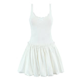 Purpdrank  Sweet White Bow U Collar Tank Dress Women Spliced Satin Wood ears Low Waist Swing BUD Sling Mini Party Dresses Robe Red