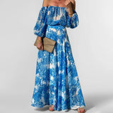 Purpdrank  Summer Sexy Off Shoulder Women Long Dress Vacation Style Blue Printed High Waist Bubble Sleeve Sexy Maxi Dresses