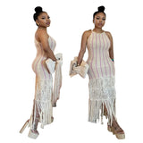 Purpdrank  Sexy Crochet Hollow Out Summer Beach Dress Women Sleeveless See Through High Waist Tassel Hem Vacation Maxi Long Dress Sundress
