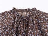 Purpdrank  Women Black Floral Print Flare Long Sleeve Chiffon Dress Stand Collar Slit Backless Ruffles Hem Mini Shirt Dresses Robe