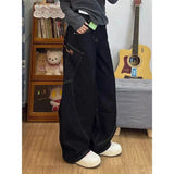 Purpdrank  Black Denim Sickle Pants for Women Loose Wide-Leg Embroidered Scimitar Design Versatile Pickup Style Washed Finish