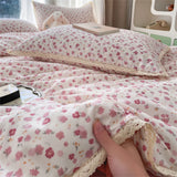 Purpdrank  Bedding Set INS Girls Cherry Soft Washed Cotton Bed Sheet Queen King Size Duvet Set Flower Comforter Set Pillowcase Bed Linens