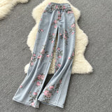 Purpdrank - Women Sweet Korean Pink Sweet 3 Pieces Set For Women Knitted Sling Vest +sunscreen+floral Print Wide Leg Denim Long Pants Suits