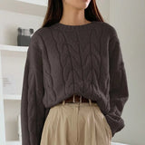 Purpdrank  Women Fall Winter Twist Knit Top Pullover Sweater Loose Round Neck Solid Color Versatile Fashionable Comfortable Petite