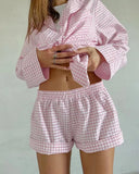 Purpdrank  Autumn Trend Retro Plaid Cardigan Long-sleeved Shorts Two-piece Foreign Trade Comfortable Home Wear