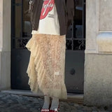 Purpdrank  Spring Sexy Lace Flowy Holiday Skirts Women Vintage Irregular Long Skirts Female High Waist Ruffle See Through Elastic Skirts