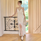 Purpdrank  French Style Pleated Floral Embroidered Slip DressvElegant Beach Vacation Dress