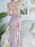 Purpdrank  Summer Women Sexy Slim Wrapped Hip Midi Dress Sweet Fragmented Flower Sheath Strap Dresses Spicy Girl Retro Split Sundress