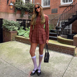 Purpdrank  Sweet Style Red Plaid Shirt Dress A-line Button Up Long Sleeve Pleated Mini Dresses Women' S Clothes Fall