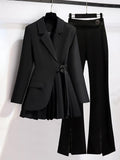Purpdrank - Women Suits Office Sets New Spring  Long Sleeve Fold Pocket Blazer Women Solid Color Bell Bottoms Fashion Elegance Office Lady