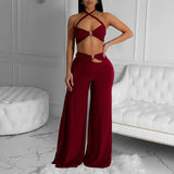 Purpdrank  Irregular Velvet Long Pants Two-pieces Set Criss-cross Hanging Neck Lacing Tank Tops+Hollow Trousers Fashion Sexy Club Wear