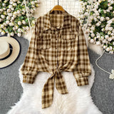 Purpdrank  Retro Hong Kong Sle Plaid Long Sve irt Women's ort Length Turn-down Collar Slimming Waist Tie Top for Autumn 2025