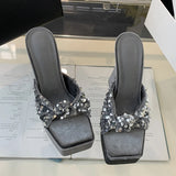 Purpdrank  Street Women Sexy Square Toe Super High Heels Modern Slippers Fish Scales Pleated Narrow Band Platform Sandal Female Shoes